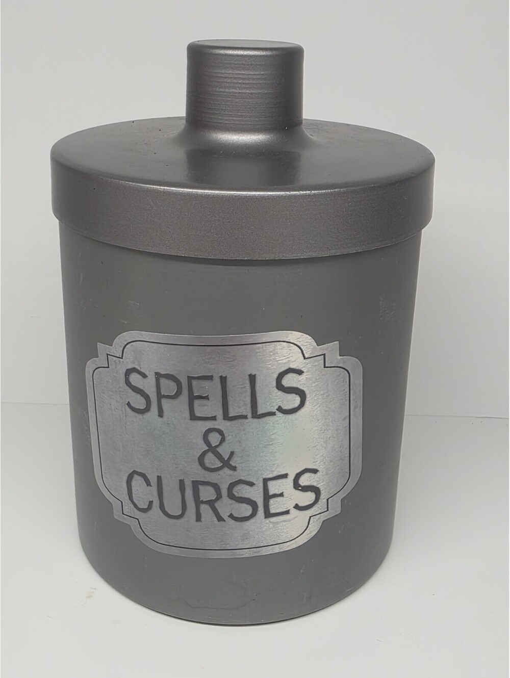 Halloween Spells & Curses Metal Prop  Canister 6" X 4" Silver Tone Gray New